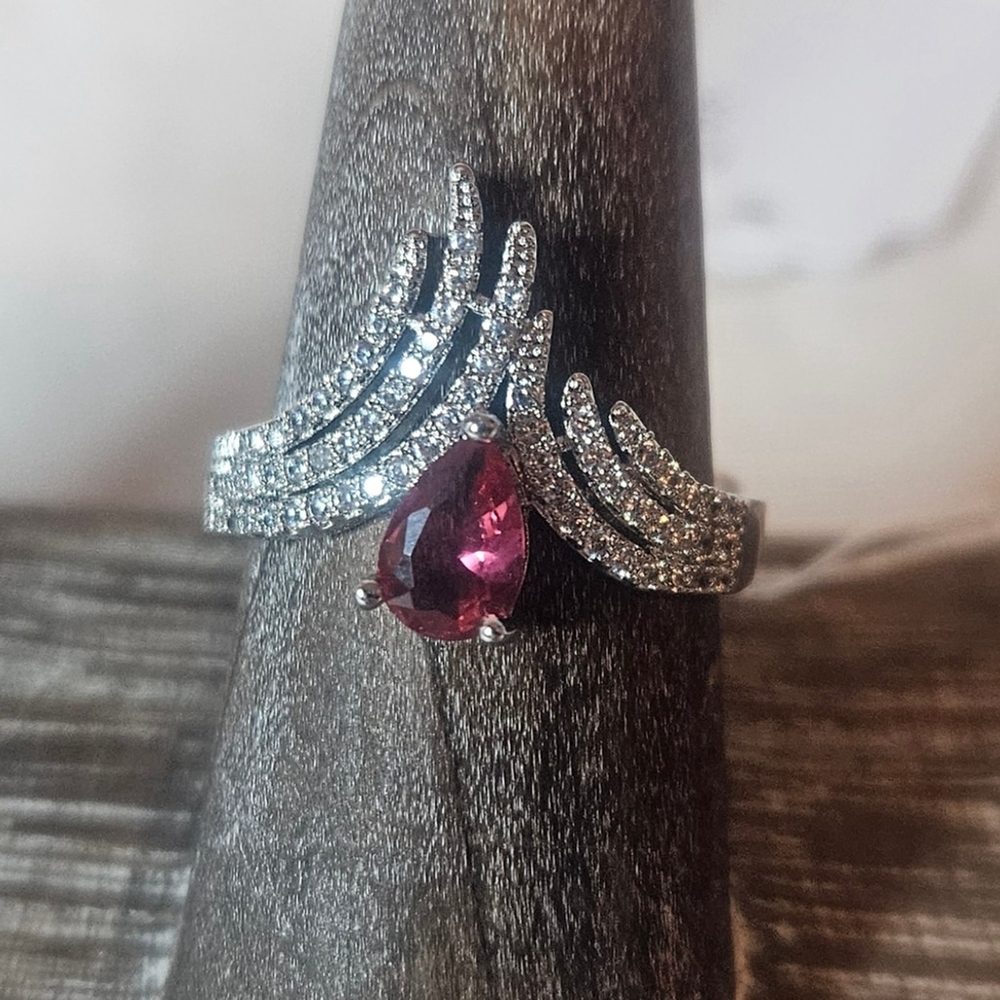 Modern Statement Fashion Ring with Pink Teardrop Cubic Zirconia and Pave CZ NWT